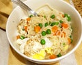 Ramen noodle variation with carrot, pea and egg.