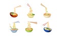 Ramen noodles with chopsticks set. Traditional Asian soup with egg, meat and vegetables served in deep bowls vector