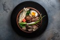 Ramen noodles with duck, egg, enoki and shiitake mushrooms with broth on dark background Royalty Free Stock Photo