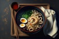 A Ramen noodles soup with egg, shrimps and scallions. The soup served in a bowl on a wooden plate with chopsticks, napkin and soy