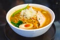 Ramen Pork Bone Soup Tonkotsu Ramen with Chashu Pork, Scallion, Sprout, Carrot, Menma Seasoned Bamboo Shoots, Dried Seaweed. Royalty Free Stock Photo