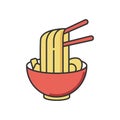 Ramen RGB color icon. Instant noodles in bowl with chopsticks. Traditional japanese soba
