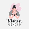 Ramen shop logotype with illustration of cute woman holding a bowl full of noodles and enjoying her meal, illustration