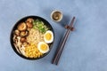 Ramen. Soba noodles with boiled eggs, shiitake mushrooms, and vegetables, shot from the top Royalty Free Stock Photo