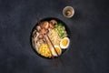 Ramen. Soba noodles with eggs, shiitake mushrooms, and vegetables Royalty Free Stock Photo