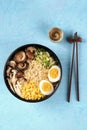 Ramen. Soba noodles with eggs, shiitake mushrooms, and vegetables Royalty Free Stock Photo