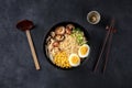 Ramen. Soba noodles with eggs, shiitake mushrooms, and vegetables Royalty Free Stock Photo