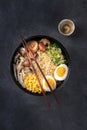 Ramen. Soba noodles with eggs, shiitake mushrooms, and vegetables Royalty Free Stock Photo