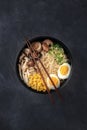 Ramen. Soba noodles with eggs, shiitake mushrooms, and vegetables, shot from above Royalty Free Stock Photo