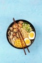 Ramen. Soba noodles with eggs, shiitake mushrooms, and vegetables Royalty Free Stock Photo