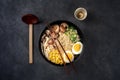 Ramen. Soba noodles with eggs, shiitake mushrooms, and vegetables Royalty Free Stock Photo