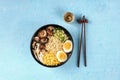 Ramen. Soba noodles with eggs, shiitake mushrooms, and vegetables Royalty Free Stock Photo