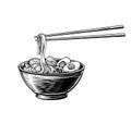 Ramen soup in a black bowl with holding chopsticks, hand drawn illustration.