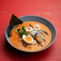 Ramen soup. Bowl of noodles with shellfish mussels or seafood and egg on red background. Spicy oriental dish, Pan-Asian