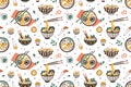 Ramen soup hand drawn seamless pattern. Traditional japanese dish with noodles in bowls vector flat illustration