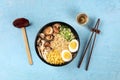 Ramen soup. Soba noodles with eggs, shiitake mushrooms, and vegetables, shot from the top Royalty Free Stock Photo