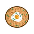 Ramen vector icon. Tasty Asian soup with noodles, fried egg, green onions, sesame. Hot spicy food in a bowl, top view. Hand drawn Royalty Free Stock Photo