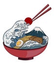 Ramen vector illustration for doodle art.Sunrise and fuji moutain for painting on T-shirt