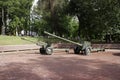 Soviet antitank cannons 76-mm divisional gun M1942 ZiS-3 and 85-mm antitank gun D-48 in the park of Ramenskoye, Russia.