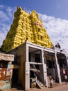 The gopuram tower against blue sky of the ancient Ramanathaswamy temple in the Hindu