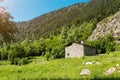 Village and hiking refugio shelters in famous Madriu Perafita Claror Valley in Andorra, UNESCO world heritage place