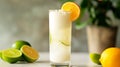 Ramos Gin Fizz cocktail: ice, lime juice, lemon juice, lemon peel, syrup, superfine sugar, gin, AI generated