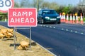 Ramp Ahead Roadworks sign on UK motorway