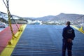 A greek ferry boat prepares to dock at the charming island of Sikinos. Royalty Free Stock Photo