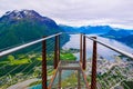 Rampestreken viewpoint. Panoramic nobody landscape to Romsdalen Valley and Andalsnes city in Norway Royalty Free Stock Photo