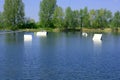 Ramps into water ski cable park without people Royalty Free Stock Photo