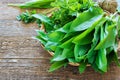 Ramson bear garlic bunchand parsley tied with rope a wooden background