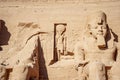 Ramsses the second or Ramsses the Great and Horus statues carved in rock at Abu Simbel Temple Royalty Free Stock Photo
