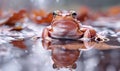 Rana arvalis in a puddle after rain, closeup view of frog in water Royalty Free Stock Photo