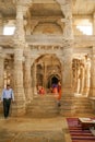 Ranakpur Jain Temple, Chaumukha Mandir, interior with finely carved marble columns with bas-reliefs, Rajasthan, India