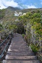 Ranau Trail of Mount Kota Kinabalu hike with Laban Rata buildings visible at the bottom, Sabah, Malaysia