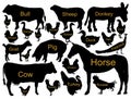 Ranch farm animals collection vector silhouette illustration isolated. Royalty Free Stock Photo