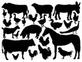 Ranch farm animals collection vector silhouette illustration isolated. Royalty Free Stock Photo