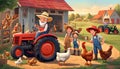 Ranch farm yard cartoon children feed chickens Royalty Free Stock Photo