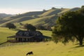 ranch house with view of rolling hills and fields, with horse and cattle grazing Royalty Free Stock Photo