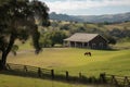 ranch house with view of rolling hills and fields, with horse and cattle grazing Royalty Free Stock Photo