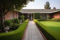 ranch house walkway lined with brick and bordered by manicured hedges