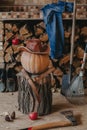 Pumpkin, tool and firewood on veranda Royalty Free Stock Photo