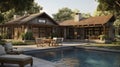 A ranch - style house with a backyard pool and lounging area