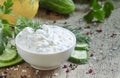 Ranch whte sauce in white bowl with cucumber, herbs and spices on old wooden table, selective focus Royalty Free Stock Photo