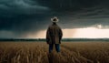 Rancher standing in ominous weather, holding growth ideas for agriculture generated by AI