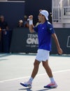 rancisco Cerundolo of Argentina in action during round of 32 match against Felix Auger Aliassime of Canada at 2023 Miami Open en