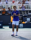 rancisco Cerundolo of Argentina in action during round of 32 match against Felix Auger Aliassime of Canada at 2023 Miami Open en