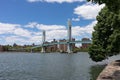 Randalls and Wards Islands Riverfront with the Ward`s Island Bridge over the East River in New York City Royalty Free Stock Photo