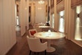 Luxury restaurant in Cheval Blanc Maldives, rounded table and chairs