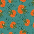 Random abstract seamless organic food pattern with orange persimmon shapes. Blue background with splashes